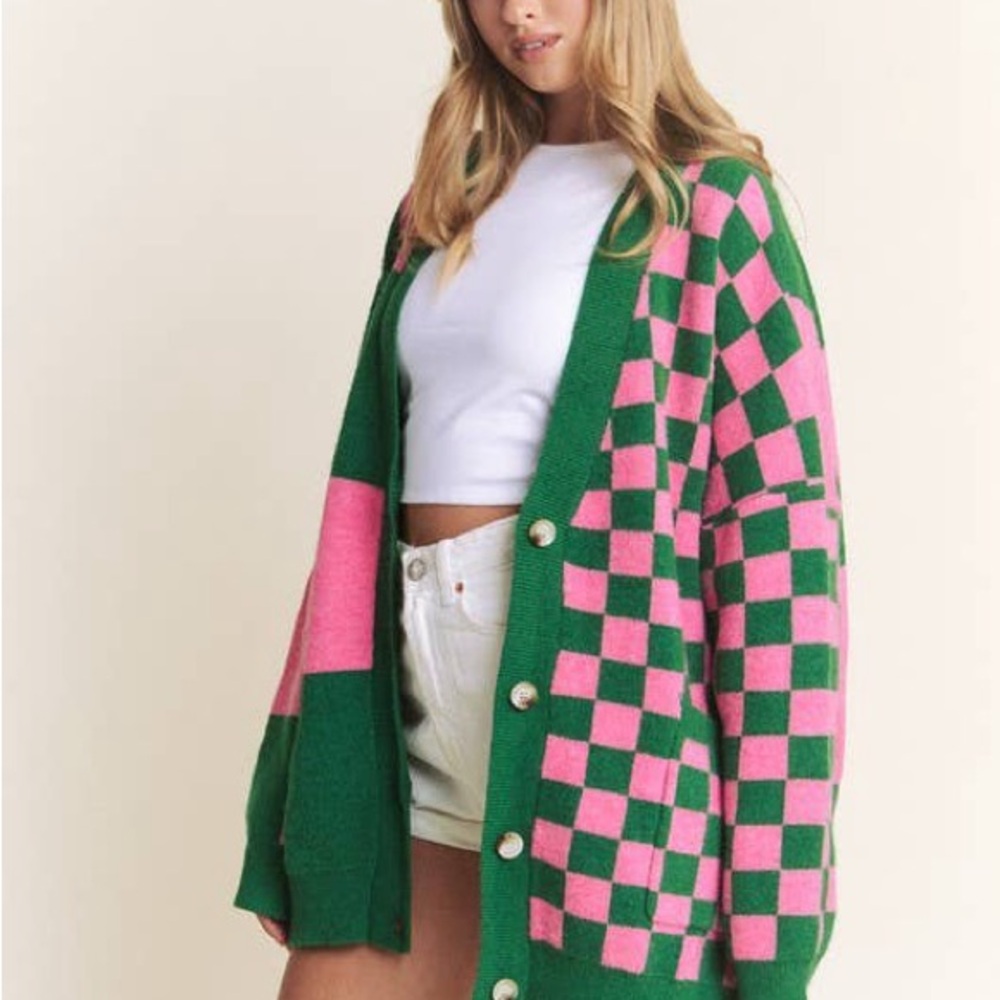 Green and Pink Checkered Women's Sweater - Picture 5 of 7